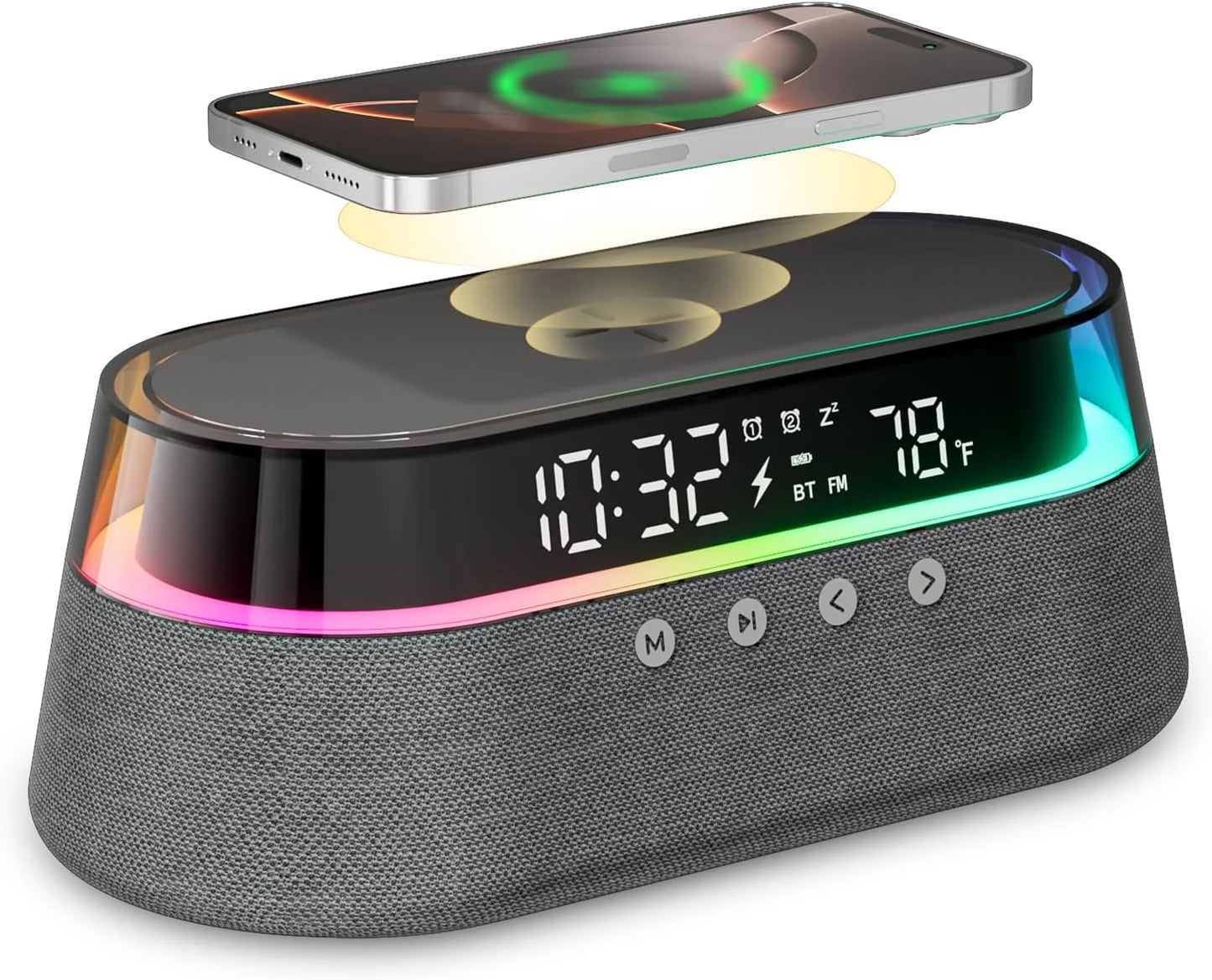 6-In-1 Smart Alarm Clock - 15W Wireless Charger, Bluetooth Speaker, FM Radio, Dual Alarm, USB Charger & RGB Night Light
