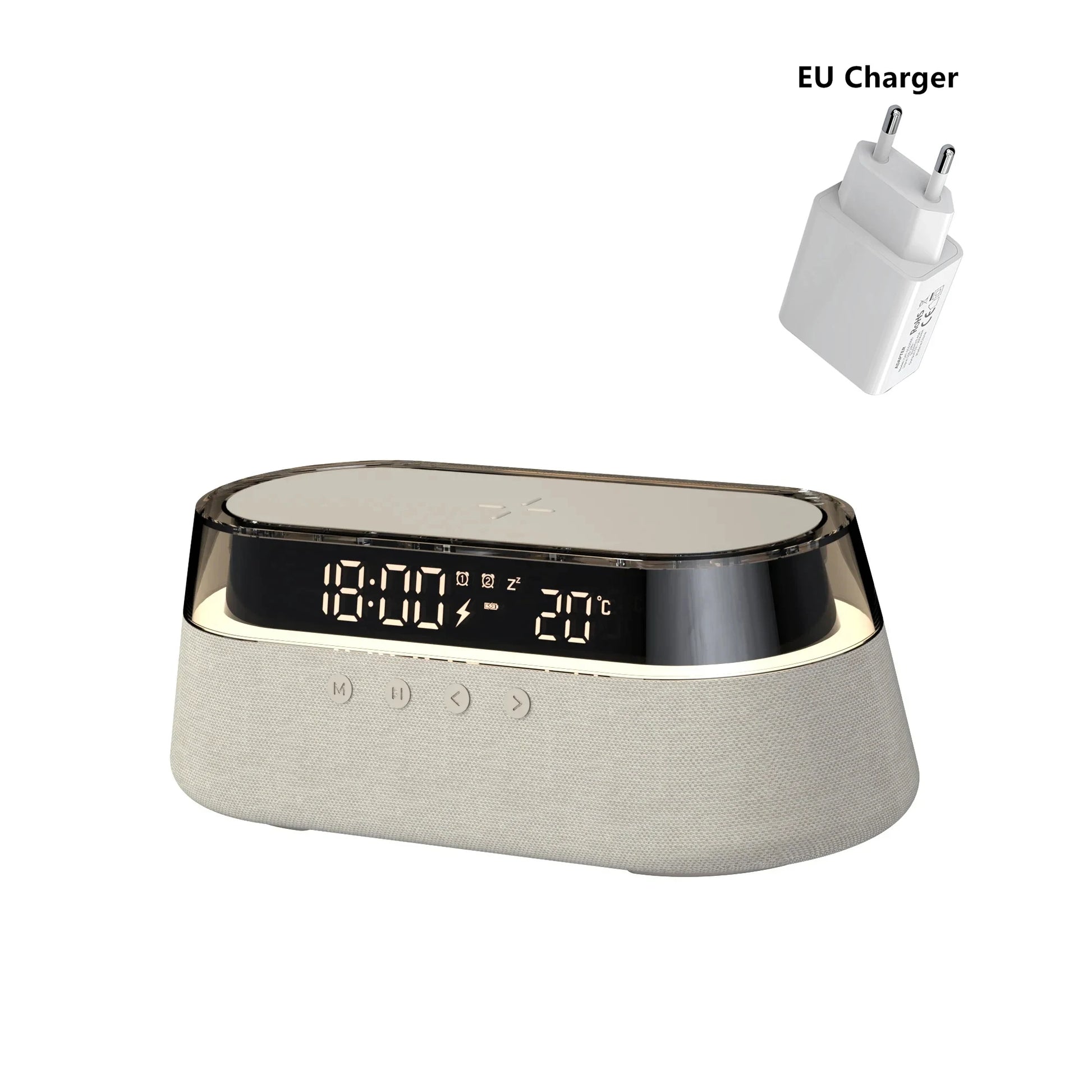 6-In-1 Smart Alarm Clock - 15W Wireless Charger, Bluetooth Speaker, FM Radio, Dual Alarm, USB Charger & RGB Night Light