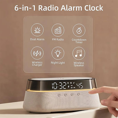 6-In-1 Smart Alarm Clock - 15W Wireless Charger, Bluetooth Speaker, FM Radio, Dual Alarm, USB Charger & RGB Night Light