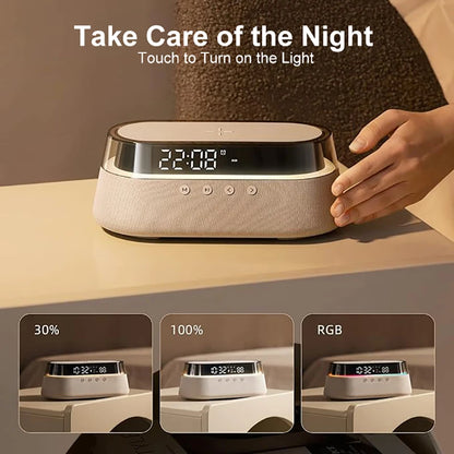 6-In-1 Smart Alarm Clock - 15W Wireless Charger, Bluetooth Speaker, FM Radio, Dual Alarm, USB Charger & RGB Night Light
