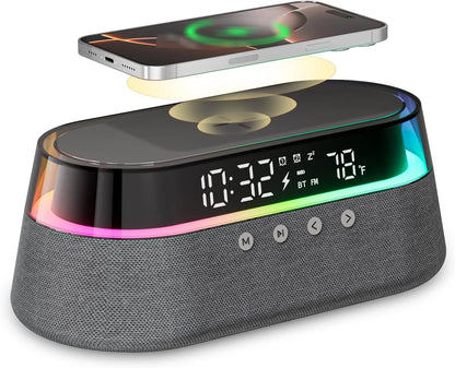 6-In-1 Smart Alarm Clock - 15W Wireless Charger, Bluetooth Speaker, FM Radio, Dual Alarm, USB Charger & RGB Night Light